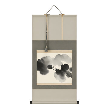 A Japanese hanging scroll features an ink wash painting of abstract floral elements. The scroll is hung against a beige background creating a serene and artistic ambiance.