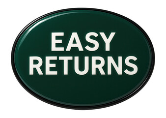 Fototapeta premium Glossy oval sticker with EASY RETURNS in bold white lettering, appealing retail promo offer on transparent background.