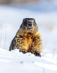 Close-up of a groundhog in snowy terrain