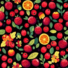 A colorful and vibrant painting of various fruits and flowers. The painting is full of life and energy, with the fruits and flowers appearing to be in motion. The colors are bright and bold