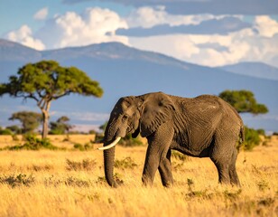 Obraz premium African elephant in golden savanna. Mountain backdrop