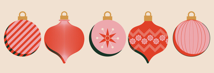 festive Christmas balls, elements, objects, ornaments in elegant red and pink tones 