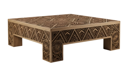 Stone table features intricate geometric patterns showcasing cultural motifs in a decorative design against a transparent backdrop. The detailed carving adds elegance to this ornate square structure.