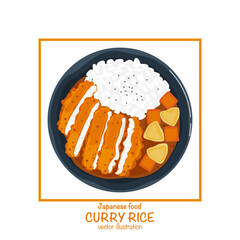 Curry rice vector illustration, delicious popular Japanese food from top view, bright and colorful, flat design, suitable for Asian food design, Japanese food menu or restaurant branding.
