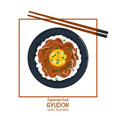 Gyudon vector illustration, delicious popular Japanese food from top view, bright and colorful, flat design, suitable for Asian food design, Japanese food menu or restaurant branding.