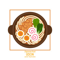 Vector illustration of Udon in soup bowl, delicious popular Japanese food from top view, bright and colorful, flat design suitable for Asian food design, Japanese food menu or restaurant branding.