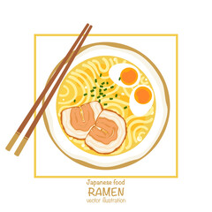 Ramen noodles top view. Vector illustration of Japanese ramen noodle bowls with egg, pork, seaweed, and vegetables, top view. Perfect for menu design, food infographic, and Asian cuisine artwork.