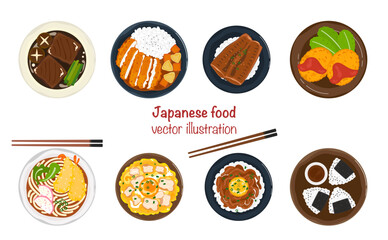 Flat vector banner illustration set. Delicious food. Various Japanese dishes menu. Ramen, Udon, Curry rice. Top view cooking. Recipes, menu, restaurant for food design, poster and background.