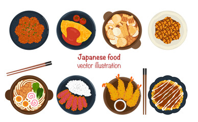 Flat vector banner illustration set. Delicious food. Various Japanese dishes menu. Ramen, Udon, Tempura. Top view cooking. Recipes, menu, restaurant for food design, poster, and background.