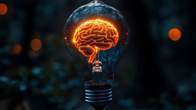 Light bulb with glowing brain design symbolizes the fusion of intelligence and creativity in a dark forest setting