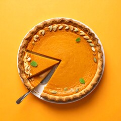 A slice of pumpkin pie on a plate