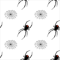 Black widow spiders and webs patterned design on a white background