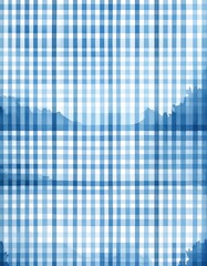A light blue and white gingham pattern, overlaid with soft, diffused, dark blue mountain shapes