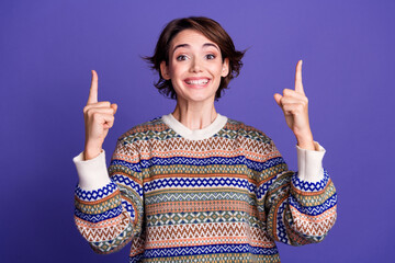 Photo of cheerful nice pretty woman wear stylish clothes demonstrate empty space banner isolated on...