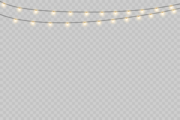 Golden fairy string lights garland glowing on transparent background for Christmas, New Year or wedding decoration