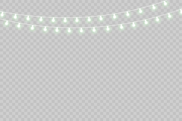 Soft golden bokeh lights and glowing garland on transparent background for festive holiday and party design