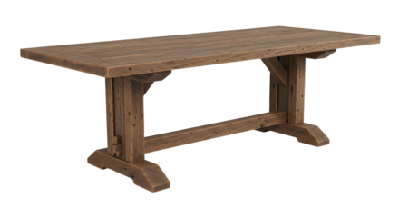 A rustic brown wooden table is featured against a transparent backdrop. Its grain and texture highlight the robust construction. It displays aged timber perfect for vintage interior design.