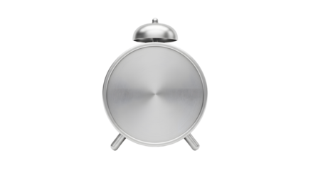 Detailed 3D render of a silver alarm clock with a bell, isolated on a transparent background. This timeless design represents timekeeping and reminders with its classic metallic finish.