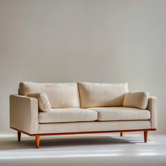 A cream woven sofa with square arms, beige cushions, and tapered wooden legs, exuding timeless mid-century modern charm.