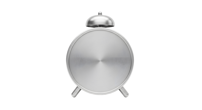 Detailed 3D render of a silver alarm clock with a bell, isolated on a transparent background. This timeless design represents timekeeping and reminders with its classic metallic finish.
