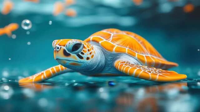 Colorful sea turtle swimming gracefully in clear blue waters near a coral reef during a sunny day