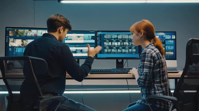 Two professionals collaborate reviewing video editing timeline on multiple computer monitors in HD video.	
