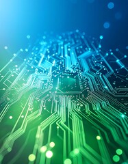 Abstract circuit board, vibrant green and blue,  3D effect, glowing lines and components,  digital technology,  futuristic design