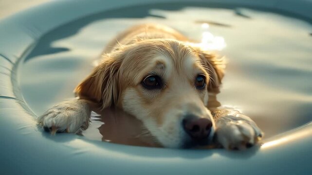 Golden retriever enjoying a sunny day floating in a pool during summer