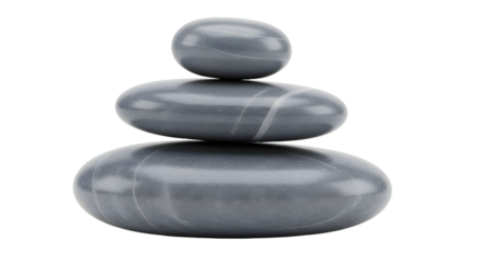 Three smooth gray stones are stacked in a balanced arrangement on a transparent background, ideal for spa, zen, or relaxation concepts in health and wellness themes.