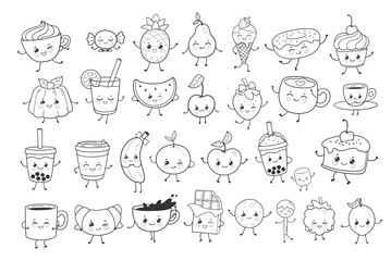 Adorable black and white doodles of smiling food, drinks, and sweets. Perfect for coloring pages, stickers, kids designs, and kawaii projects.