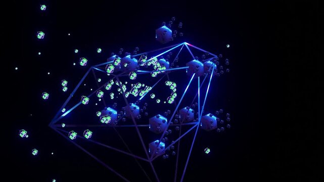 20 seconds of looping tranquil serene icospheres dancing around seamless travel reverse animation screensaver visualizer HD video on black nightclub background