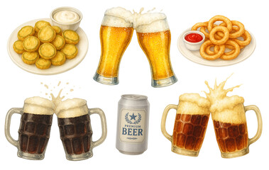 Beer and snacks watercolor illustration set with onion rings, fried pickles, beer mugs and cans, pub food collection