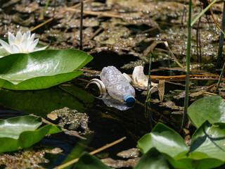 dirty water with plastic garbage and debris