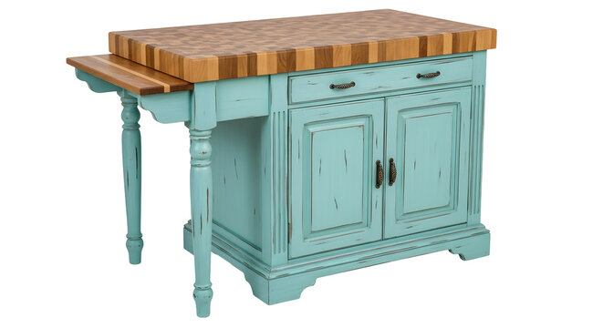 A turquoise kitchen island with a rustic finish and a butcher block top on a transparent background. It features wood construction, cabinets and a countertop for storage and food preparation.