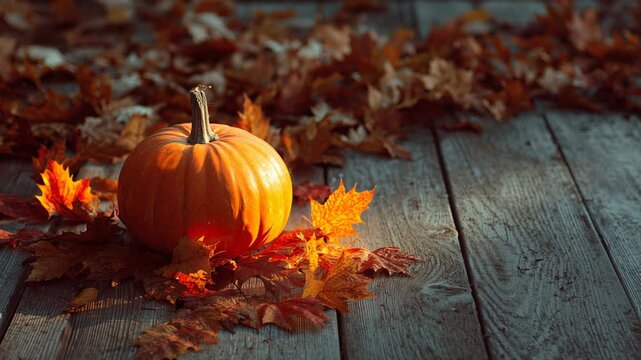 Autumn pumpkin colorful fallen leaves on wooden floor in warm sunlight, rustic fall composition with natural light cozy, seasonal atmosphere. background with copyspace, slow motion animation