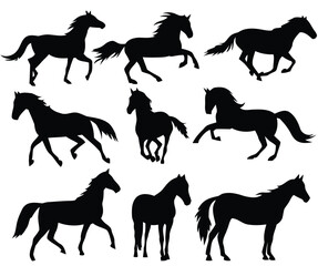 horses, silhouette, black, motion, running, galloping, trotting, equestrian, animal, wildlife, dynamic, movement, energy, freedom, power, grace, illustration, isolated, white background, set, collecti