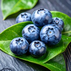 Fresh blueberries nestled on vibrant green leaves, resting on a dark stone surface
