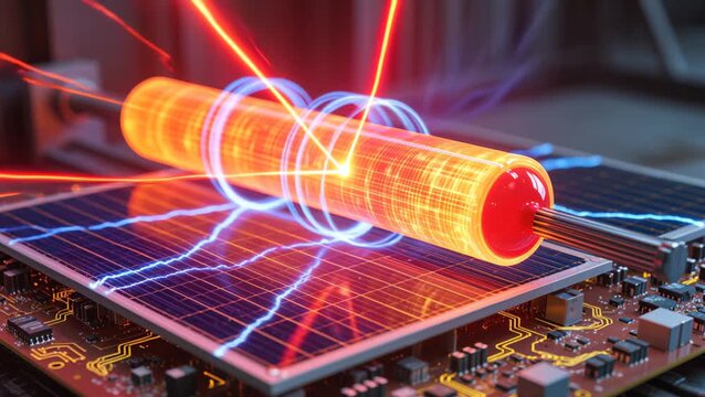 Red hot tungsten emitter radiating infrared energy toward thermophotovoltaic cell, converting radiant heat into electricity, glowing arcs and semiconductor details in futuristic laboratory setup.