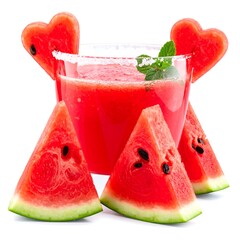 Heart-shaped watermelon slices adorn a glass bowl of vibrant watermelon juice, accompanied by fresh slices of the fruit