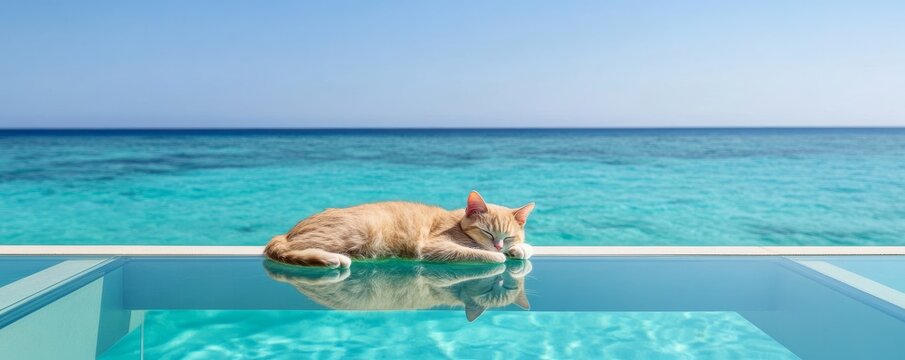 Ginger Cat Napping by Infinity Pool Overlooking Turquoise Ocean, vacation, feline