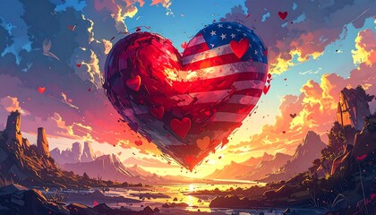 A heart-shaped American flag floats above a landscape at sunset.  Vibrant colors and stylized design