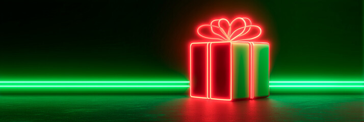 A neon-lit gift box with a glowing red bow sits on a dark surface framed by green neon lines.