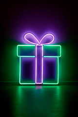 A neon-lit gift box glows in purple and green with a glowing bow against a dark background, creating a vivid, futuristic centerpiece.