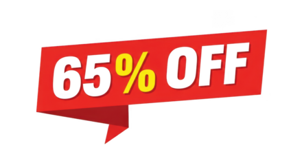 Red banner with sixtyfive percent off isolated on transparent background
