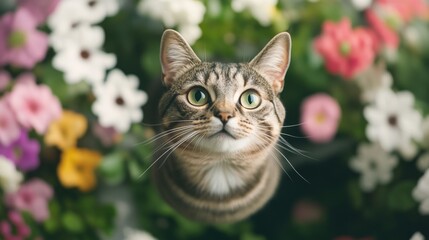 Green-Eyed Tabby Cat Gazing Up in Floral Garden, Cat, Flowers