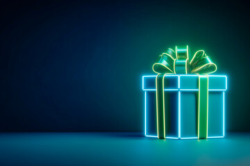 A neon-lit blue gift box with radiant green ribbons sits on a dark stage, glowing with electric lines and a luminous bow.