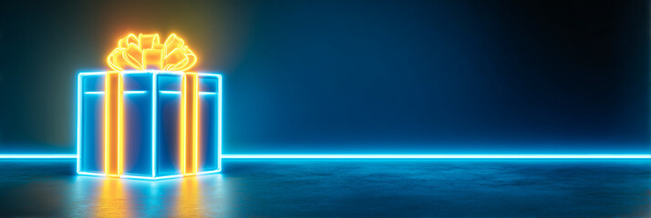 A glowing blue gift box with a bright yellow ribbon sits on a reflective floor, framed by neon line accents. Stock-ready, bold and modern.