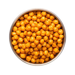Overhead view of metallic bowl filled with golden roasted chickpeas close-up food photography