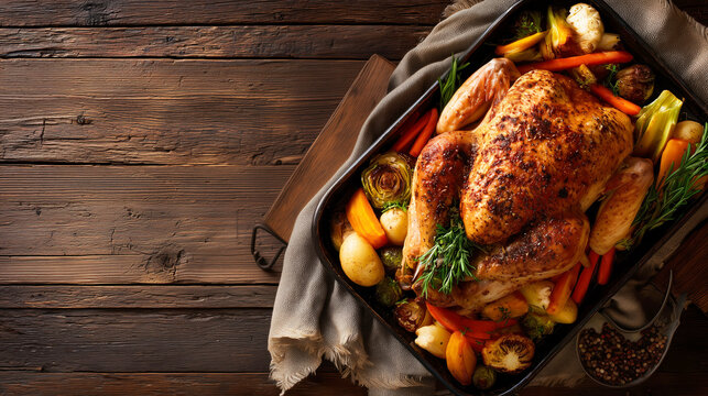 Juicy roasted chicken with colorful vegetables served on a rustic wooden table during a warm family gathering - Powered by Adobe
