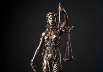 Fototapeta premium Statue of lady justice holding scales and sword against a dark background